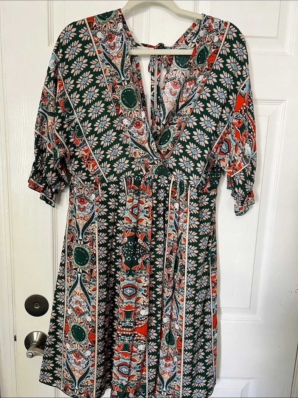 Boho Floral Print V-Neck Women’s Dress in Green and Red